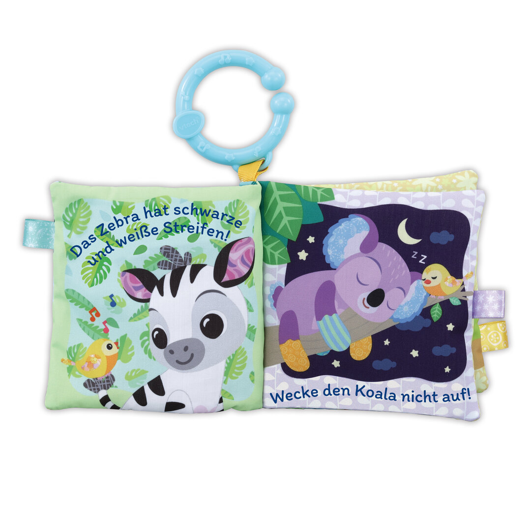 VTech Babys Tierfreunde-Geschenkset aus 3 Teilen: weiches Stoffbuch, Zebrarassel, Vogel mit Spiegel & Beißhilfe; 6 Lieder, 45 Melodien, 82 % recycelter Plüsch, kindersicher ab 0,5 J., Kissen, Dekoration für Zuhause, Applikation, Kopfkissen, Plüsch