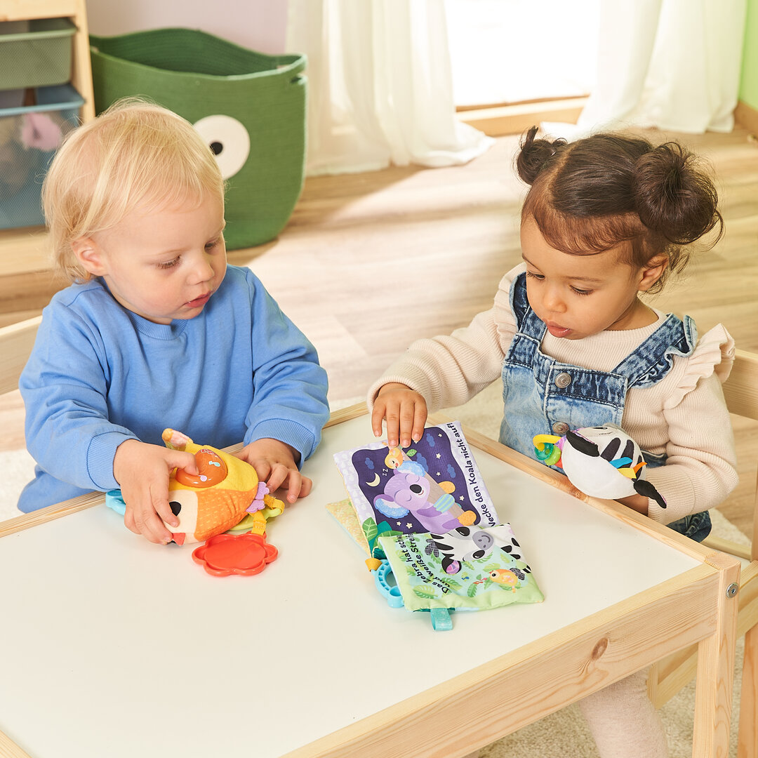 VTech Babys Tierfreunde-Geschenkset aus 3 Teilen: weiches Stoffbuch, Zebrarassel, Vogel mit Spiegel & Beißhilfe; 6 Lieder, 45 Melodien, 82 % recycelter Plüsch, kindersicher ab 0,5 J., Person, Abspielen, Gesicht, Kopf