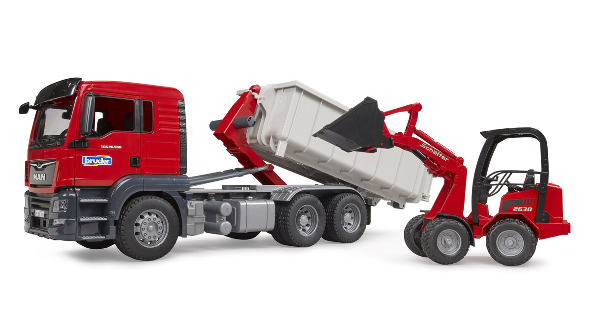 Bruder_03767_Man_Tgs_Lkw_Mit_Abrollcontainer_Und_Schäffer_Hoflader_2630, Anhänger-LKW, Lastwagen, Fahrzeug, Maschine, Rad