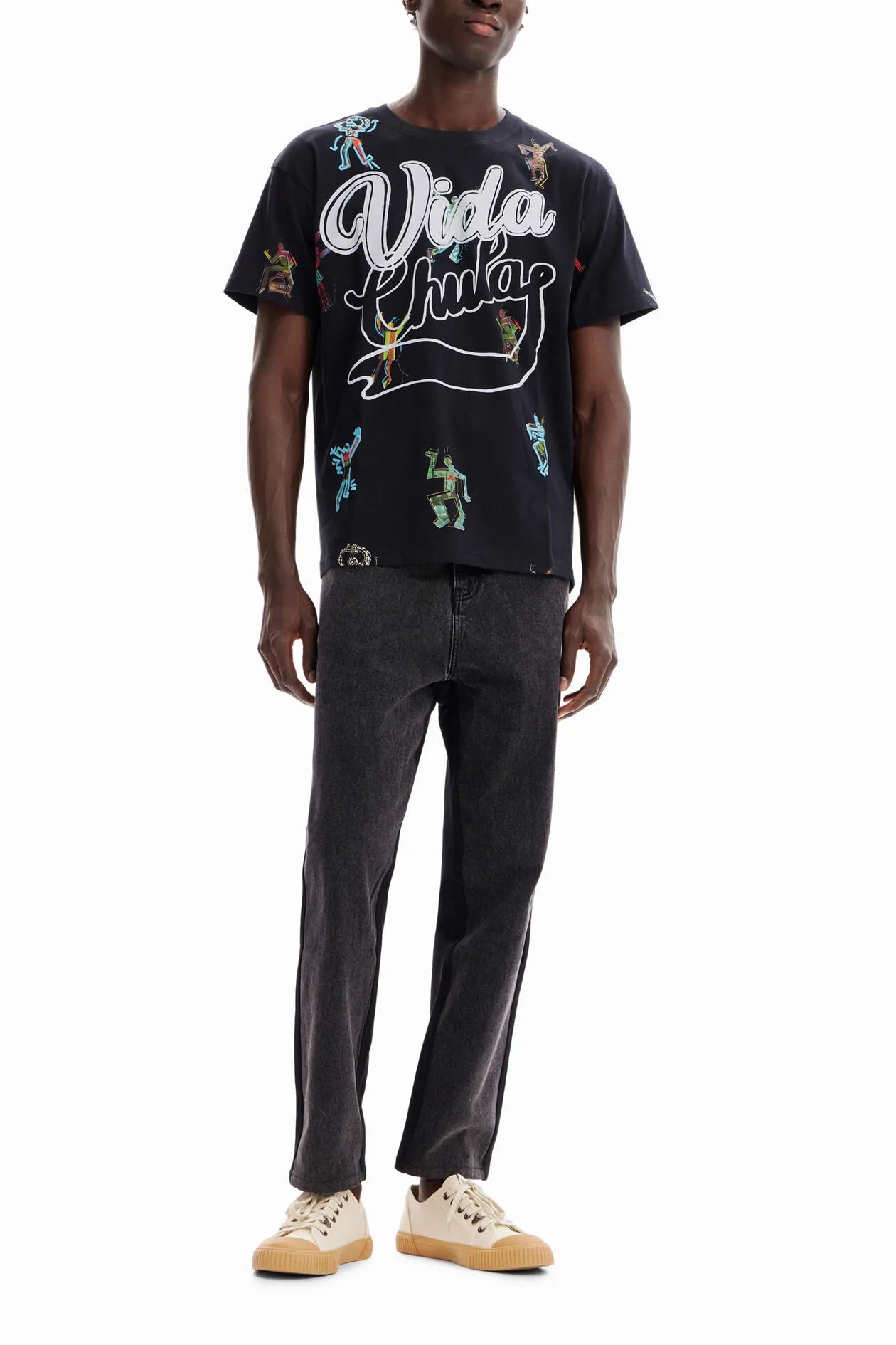 Desigual Herren T-Shirt - Schwarz, Bunt bedruckt 22WMTK202017 GR. M