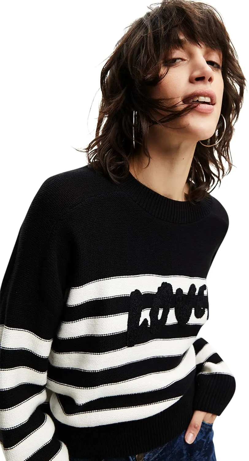Desigual Damen Pullover - Gestreifter Strickpullover mit „Loved“ Schriftzug 22WWJF262000 GR. M