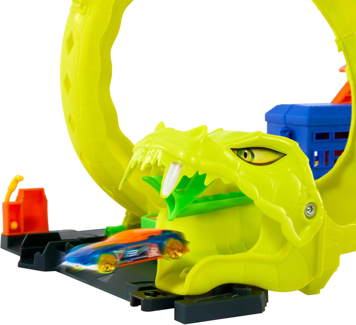 Hot Wheels City Snake Spiral Attack Spielset mit riesiger grüner Schlangenfigur, Spiralstrecke und 1:64 Fahrzeug