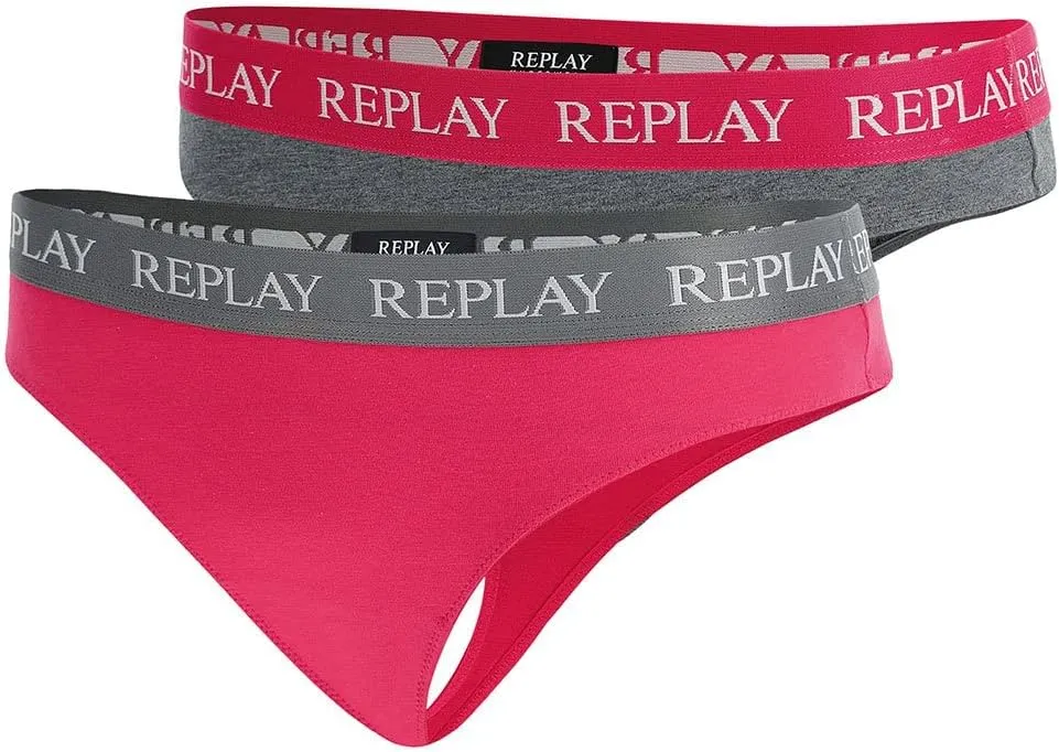REPLAY Damen Strings I101296GP - Grau/Pink, 2er Pack mit Logo-Bund GR. L