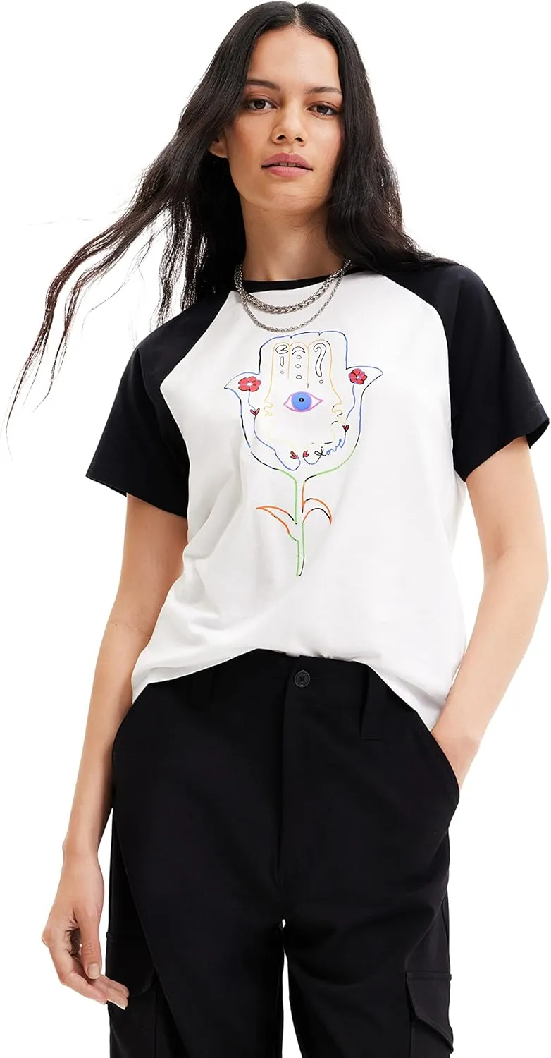 Desigual Damen T-Shirt - Weißes T-Shirt mit Hamsa-Print 22WWTKK22000 GR. XXL