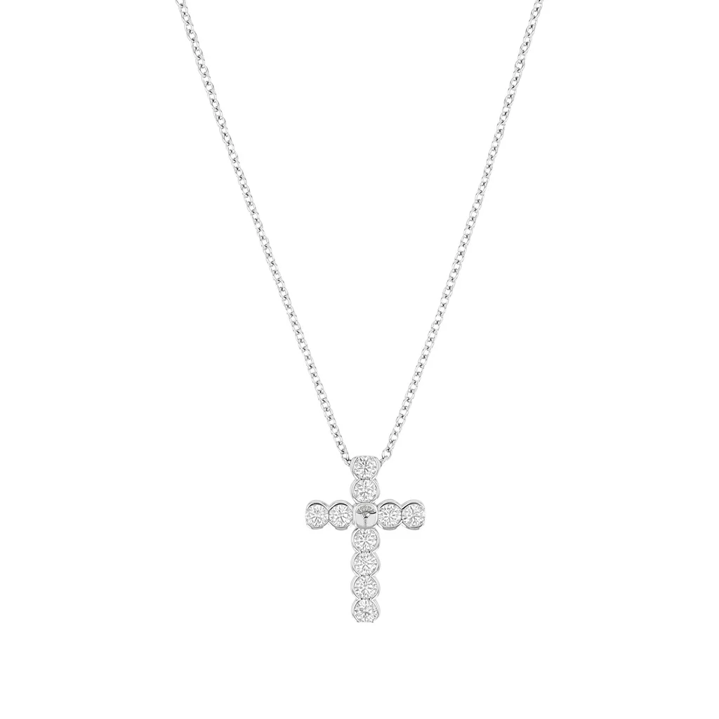 JOOP! Halskette aus rhodiniertem 925 Sterling Silber, Kreuzanhänger JOOP! Halskette aus rhodiniertem 925 Sterling Silber, Kreuzanhänger mit weißen Zirkonia und Joop Logo, Rundankerkette, 42+3