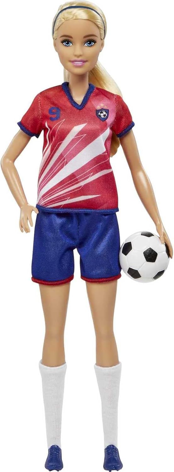 Barbie Soccer Doll blonde Puppe im roten Fußball-Outfit mit Ball, Trikot mit Nummer 9 Barbie Soccer Doll Fußballspielerin mit rotem Trikot und Puppe mit Ball