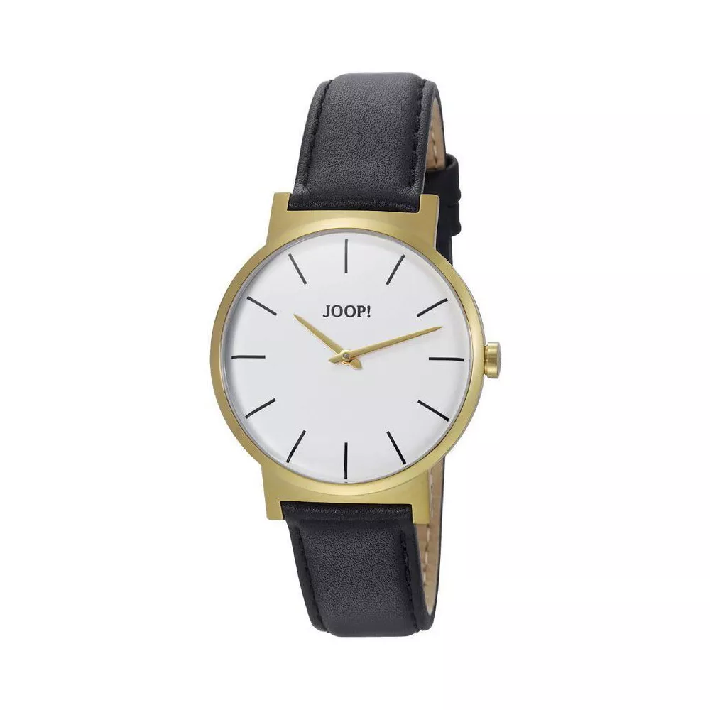 JOOP! Uhraus goldfarbenem Edelstahl, weißes Zifferblatt, schwarzes Lederarmband, Quarzwerk, Mineralglas, wasserdicht bis 3 bar, 42 mm, Herren