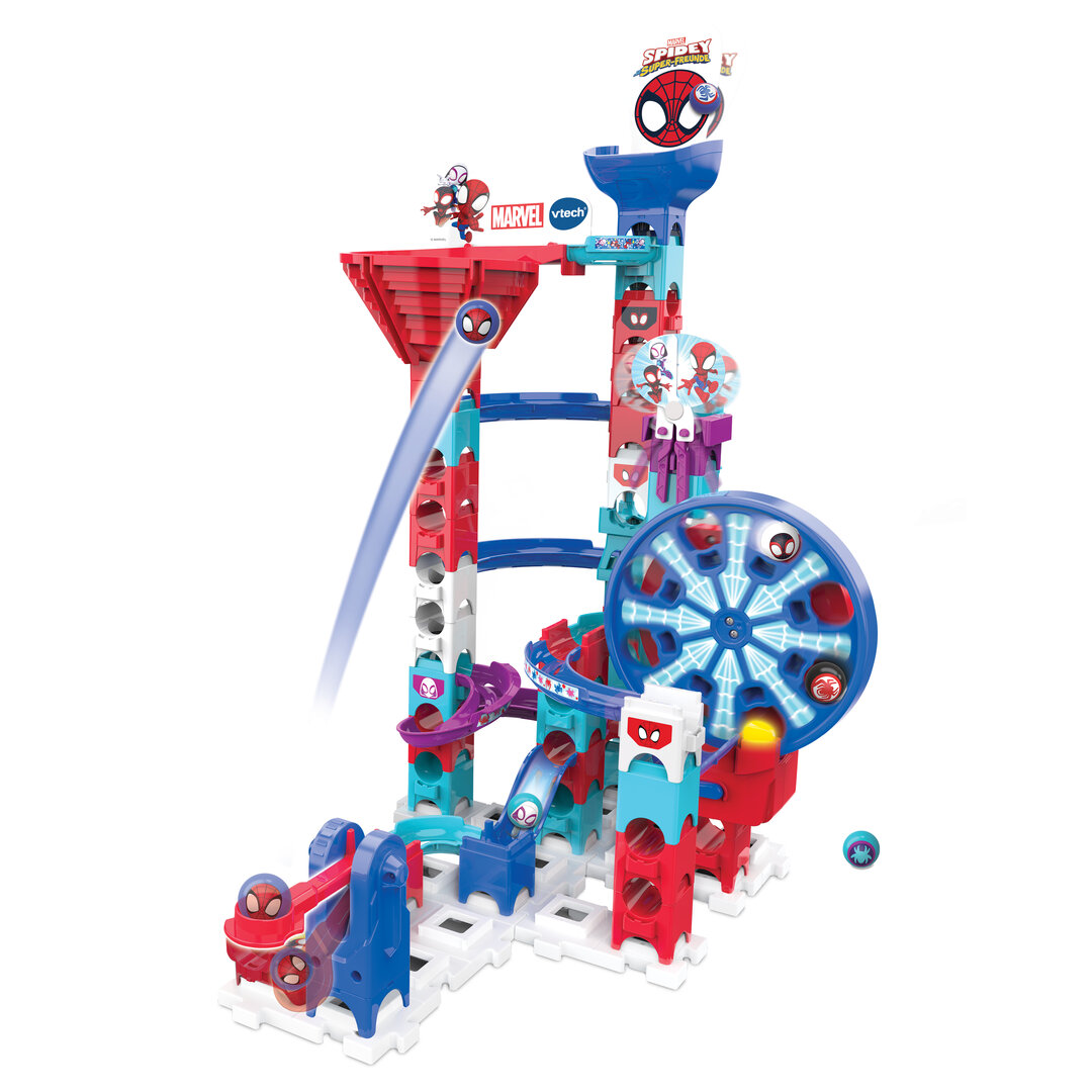 VTech Marble Rush Spidey Super Spin Challenge SP300 E  62 Teile mit motorisiertem Riesenrad, 6 Spidey-MarBalls, einstellbarer Launcher, versteckter Spidey-Effekt, fördert Kreativität & räumliches Denken, ab 4 J., Spielzeug, Spielbereich, Maschine, Rad