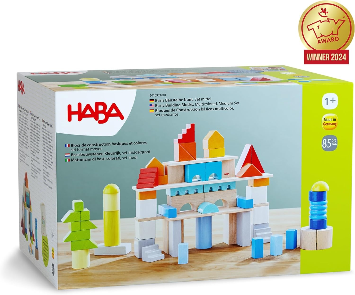 HABA 85 Basisbausteine bunt, Set mittel – Hochwertiges Holzbaustein-Set mit Aufbewahrungstasche