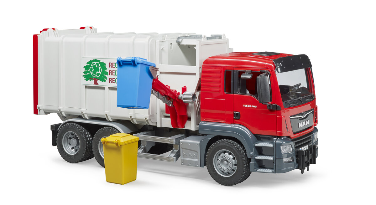 Bruder_03761_Man_Tgs_Seitenlader_Müll-Lkw, Transport, Lastwagen, Fahrzeug, Maschine, Rad