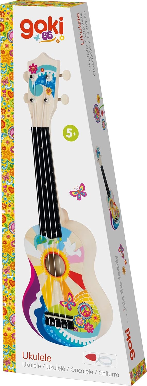 GOKI 61847 Ukulele Flower Power - Kindergitarre im Retro-Stil für musikalische Freiheit GOKI 61847 Ukulele Flower Power - Kindergitarre im Retro-Stil für musikalische Freiheit