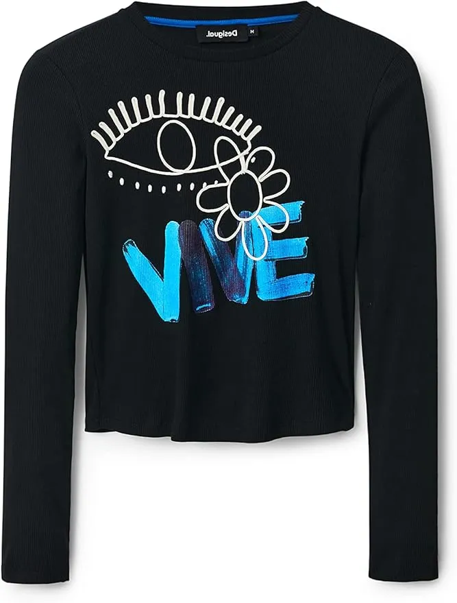 Desigual Damen Langarmshirt - Schwarzes Shirt mit blauem VIVE-Print 22WWTKA52000 GR. XS