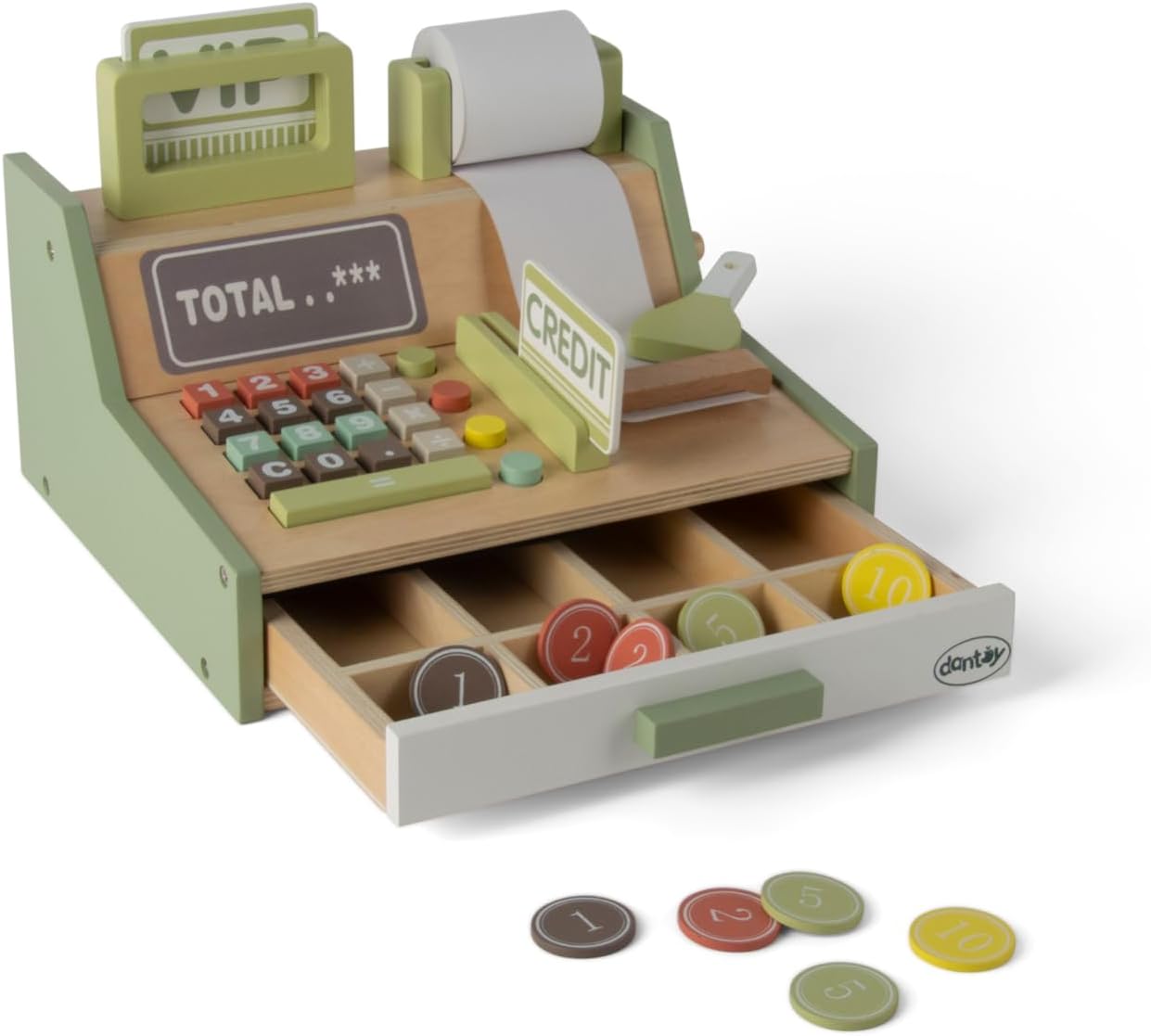 Dantoy 4770 Kaufladenkasse - Holz-Kassenset in Geschenkbox, 17-teilig