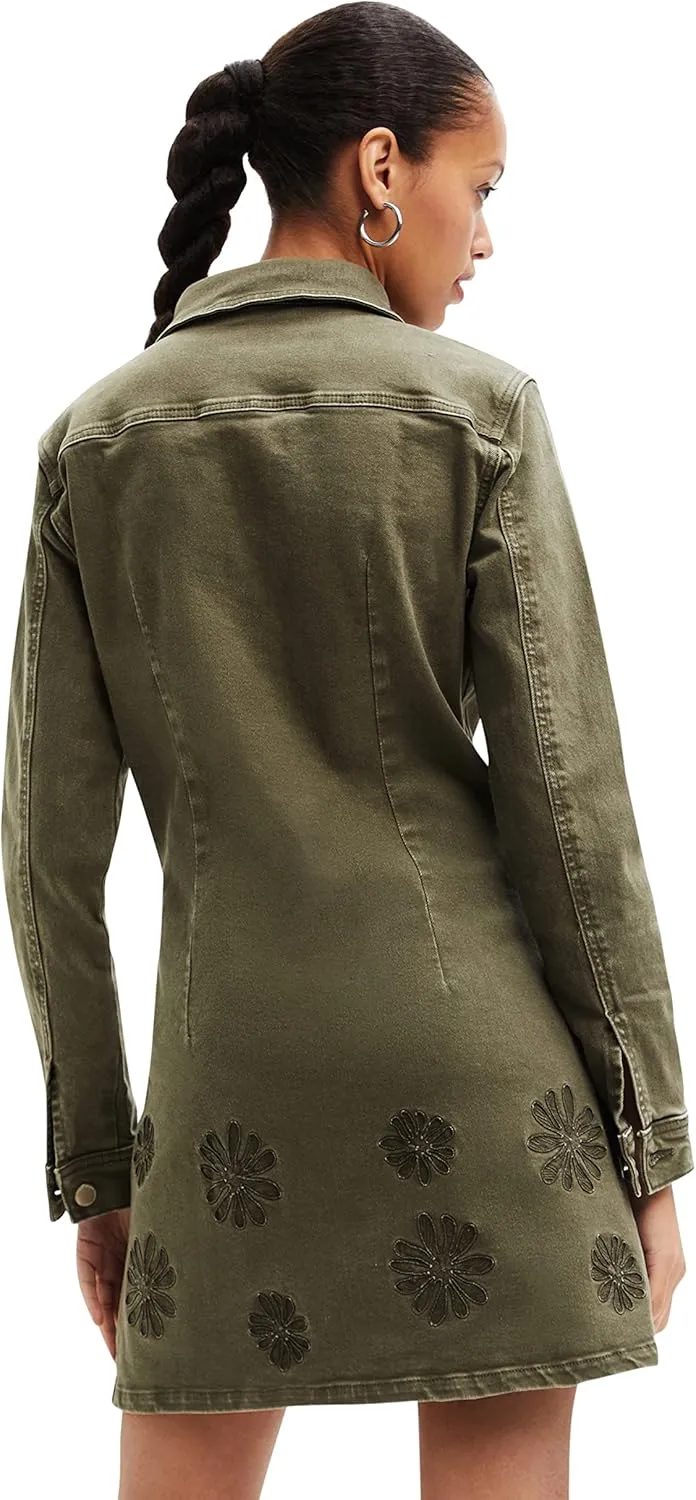 Desigual Damen Kleid - Khakifarbenes Jeanskleid mit Blumenstickerei 22WWVD144086 GR. M