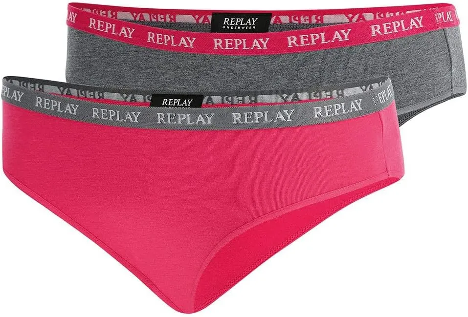 REPLAY Damen Slips I101297GP - Grau/Pink, 2er Pack mit Logo-Bund GR. L
