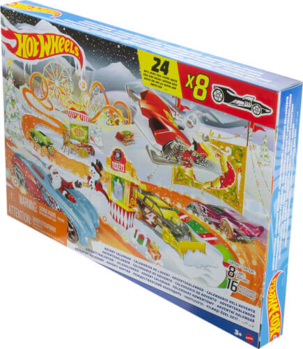 Hot Wheels Adventskalender – 24 Überraschungen mit 8 Fahrzeugen & Zubehör (Maßstab 1:64), Hot Wheels Adventskalender – 8 Hot Wheels‑Fahrzeuge und 16 winterliche Zubehörteile im Maßstab 1:64, inklusive Spielmatte, Spielzeug, Maschine, Rad