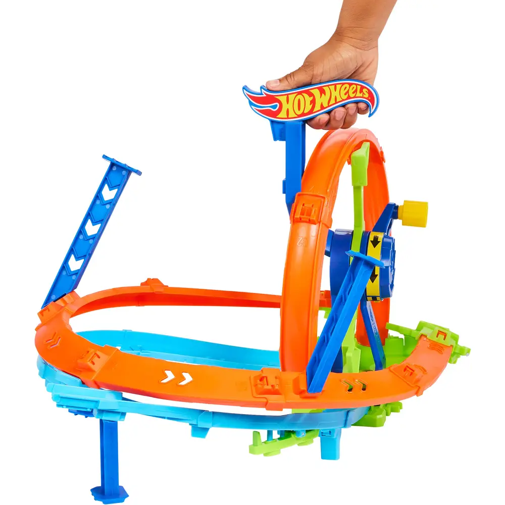 Hot Wheels Schnellstart- und Looping-Spielset mit Die-Cast-Spielzeugauto im Maßstab 1:64, Crash- und Streckenset