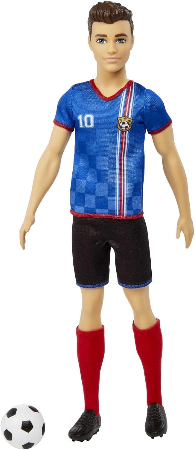 Barbie® Ken Fußballspieler-Puppe - 29 cm, You Can Be Anything Serie, blaues Trikot mit Nummer 10, schwarze Shorts, rote Stutzen, Fußball-Zubehör, ab 3 Jahren