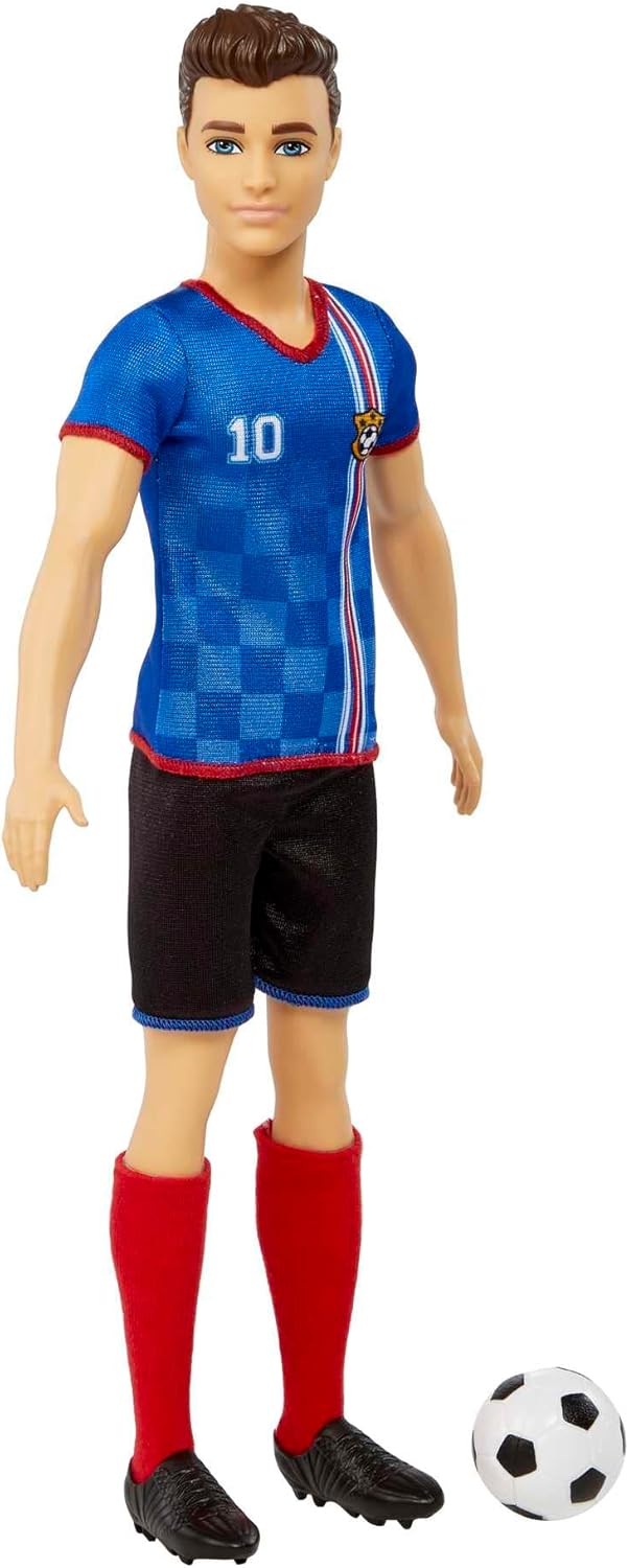 Barbie® Ken Fußballspieler-Puppe - 29 cm, You Can Be Anything Serie, blaues Trikot mit Nummer 10, schwarze Shorts, rote Stutzen, Fußball-Zubehör, ab 3 Jahren