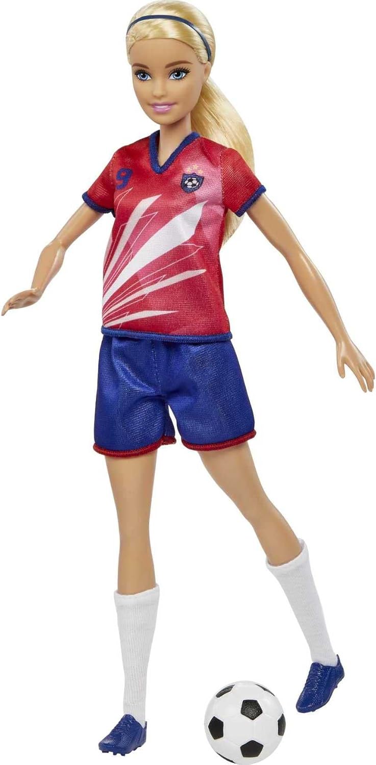 Barbie Soccer Doll Fußballspielerin mit rotem Trikot und Puppe mit Ball