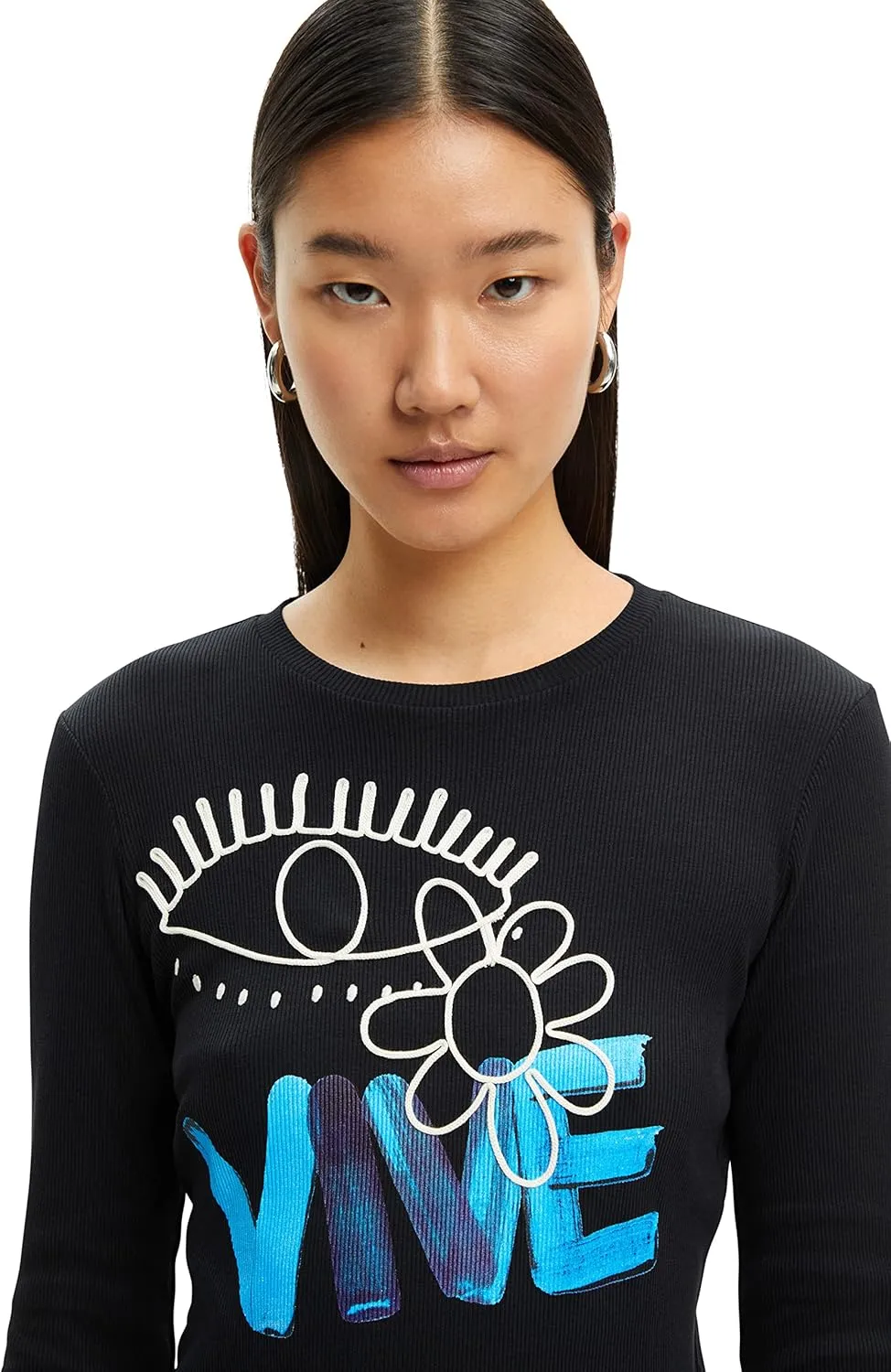 Desigual Damen Langarmshirt - Schwarzes Shirt mit blauem VIVE-Print 22WWTKA52000 GR. M