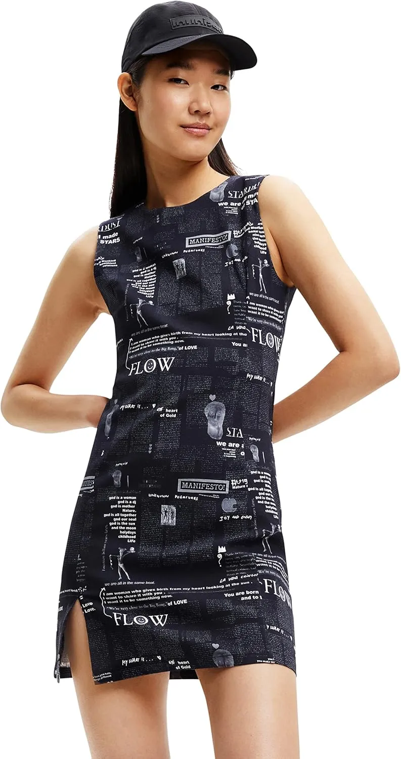 Desigual Damen Kleid - Dunkelblaues Kleid mit Print und Textmotiven 22WWVW492000 GR. S