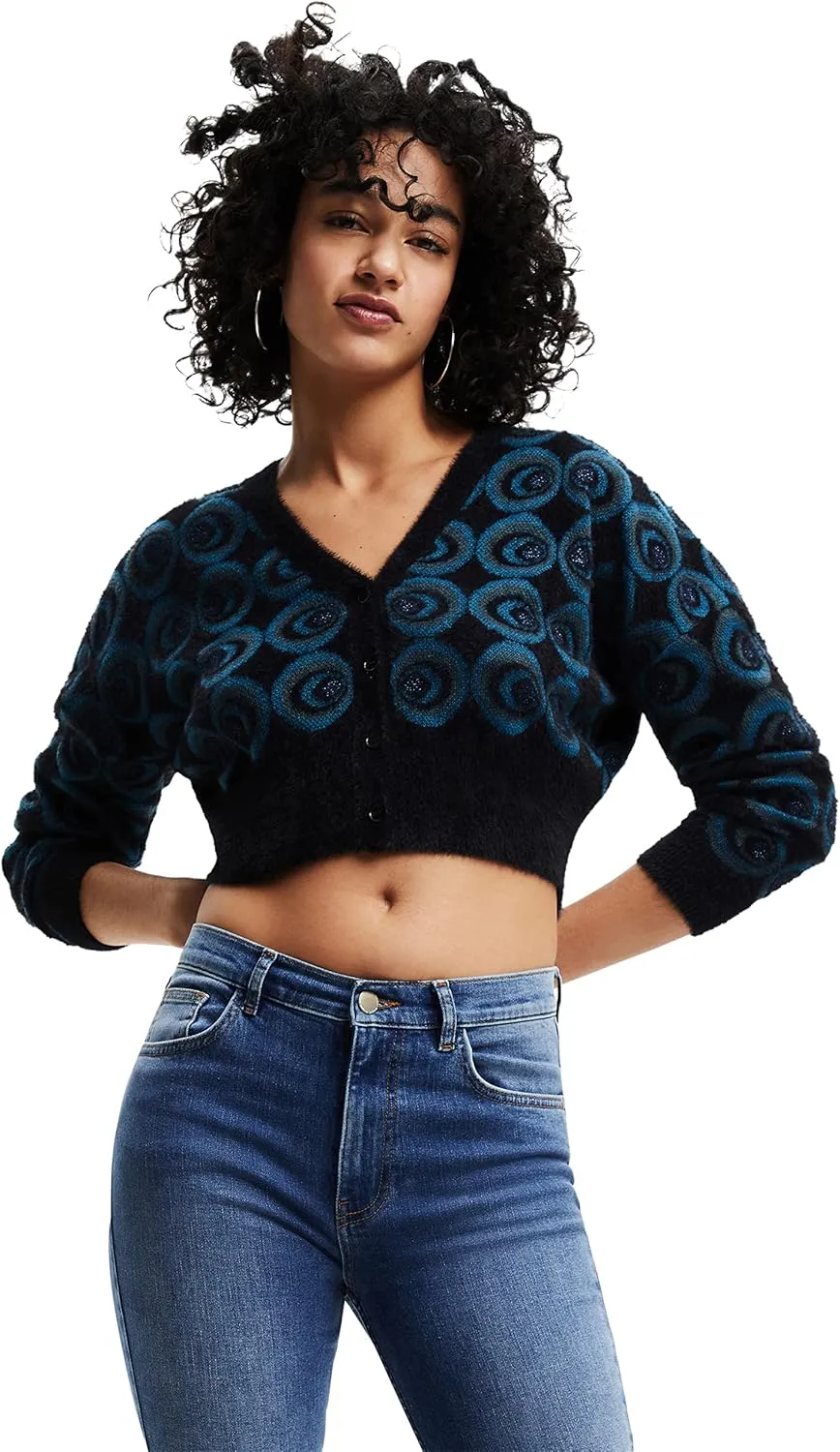 Desigual Damen Strickjacke - Schwarze Cardigan mit blauem Kreis-Muster 22WWJF874139 GR. M