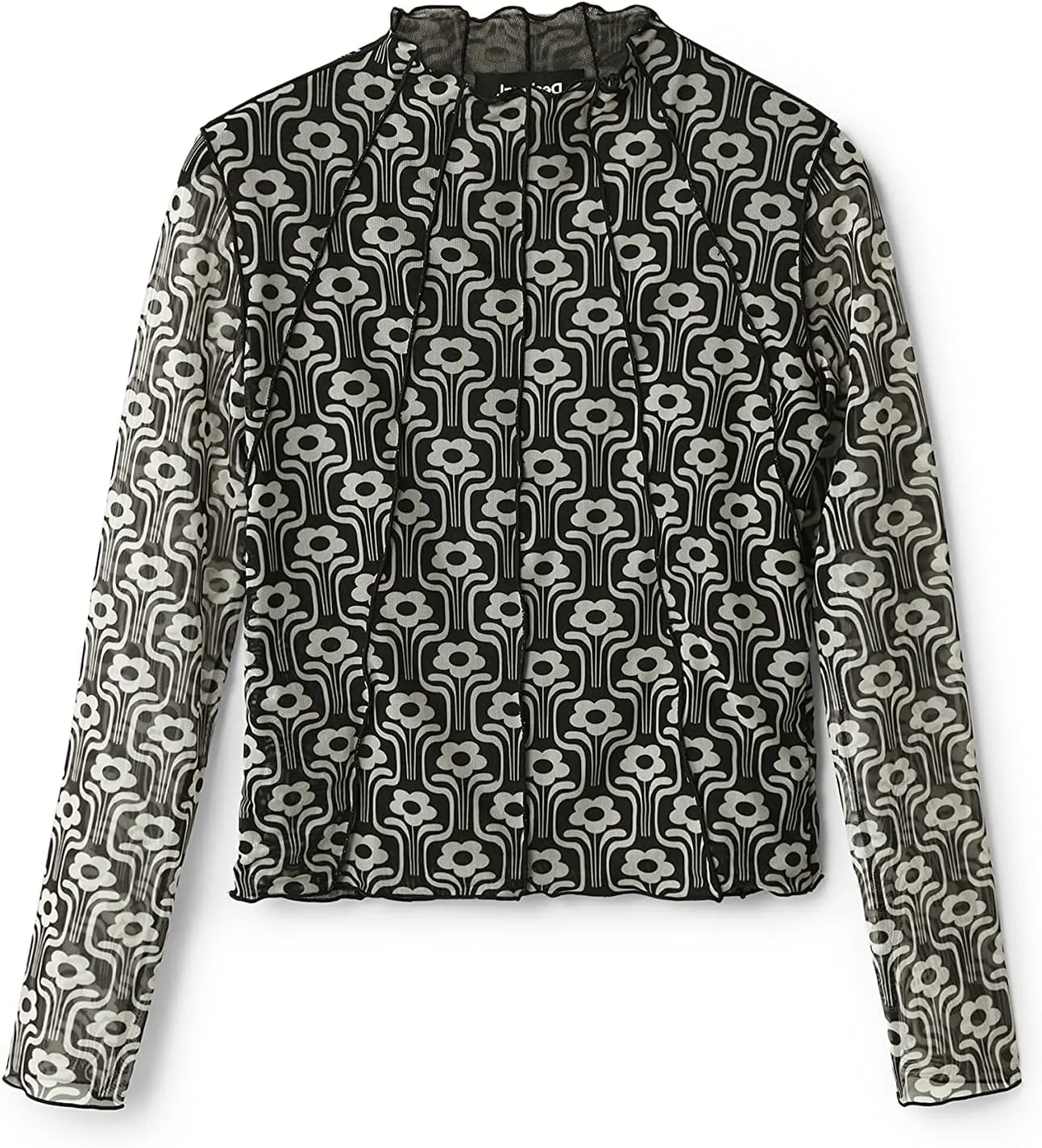 Desigual Damen Langarmshirt - Schwarz-weißes Retro-Mesh-Shirt mit Blumenmuster 22WWTKA42000 GR. M