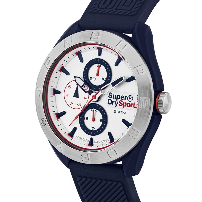 Superdry SYG244U - Herren-Analoguhr, 43 mm, Silikon Blau, silbernes Gehäuse Superdry SYG244U - Herren-Analoguhr, 43 mm, Silikon Blau, silbernes Gehäuse