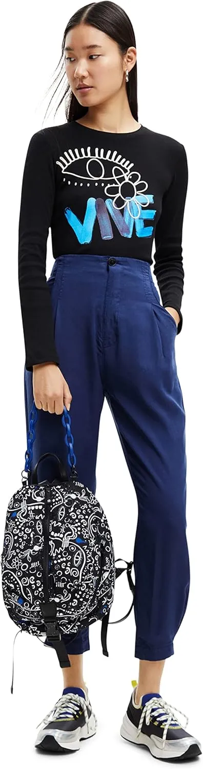 Desigual Damen Langarmshirt - Schwarzes Shirt mit blauem VIVE-Print 22WWTKA52000 GR. M