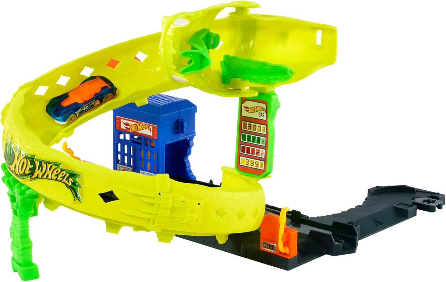 Hot Wheels City Snake Spiral Attack Spielset mit riesiger grüner Schlangenfigur, Spiralstrecke und 1:64 Fahrzeug