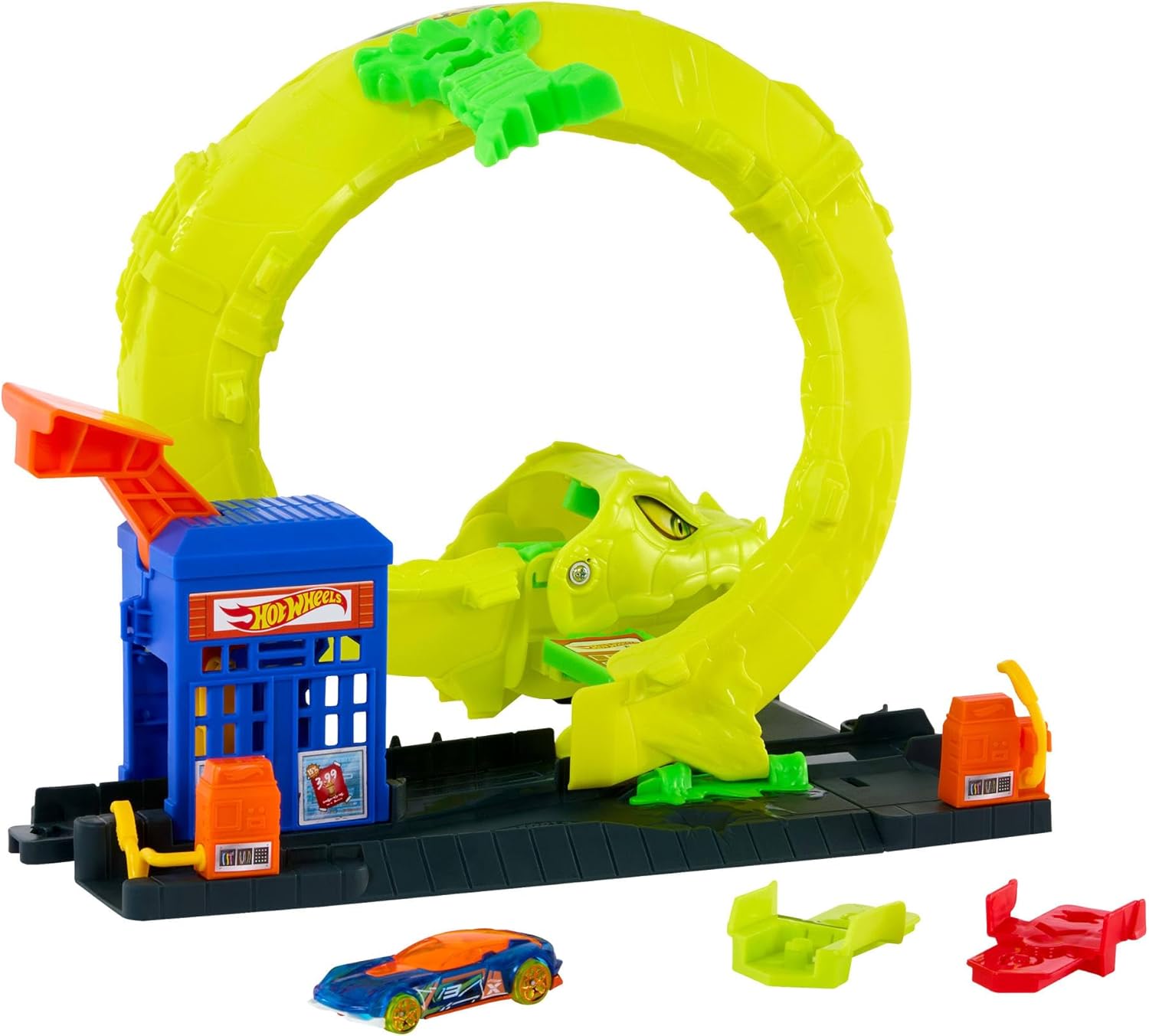 Hot Wheels City Snake Spiral Attack Spielset mit riesiger grüner Schlangenfigur, Spiralstrecke und 1:64 Fahrzeug