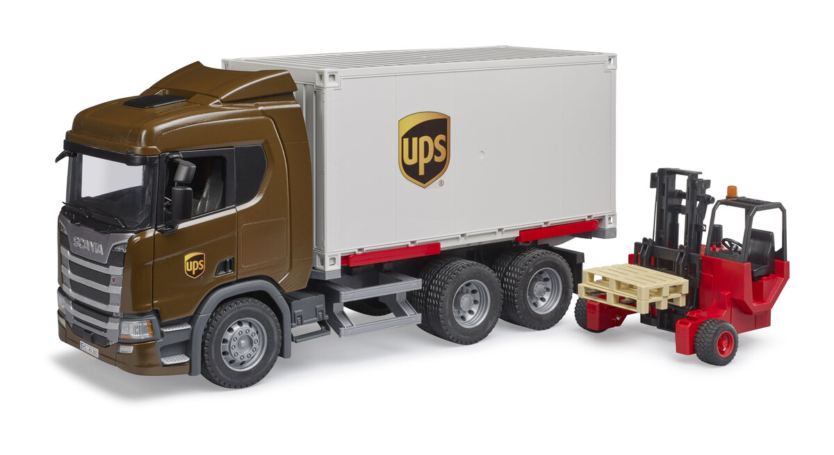 Bruder_03582_Scania_Super_560R_Ups_Logistik-Lkw_Mit_Mitnahmestapler, lkw, Fahrzeug, Anhänger-LKW, Maschine, Rad
