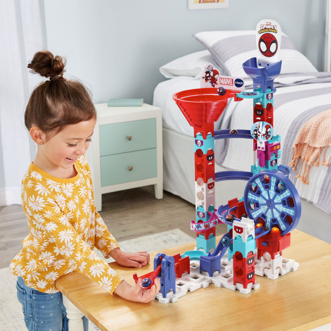 VTech Marble Rush Spidey Super Spin Challenge SP300 E  62 Teile mit motorisiertem Riesenrad, 6 Spidey-MarBalls, einstellbarer Launcher, versteckter Spidey-Effekt, fördert Kreativität & räumliches Denken, ab 4 J., Kind, Weiblich, Mädchen, Person