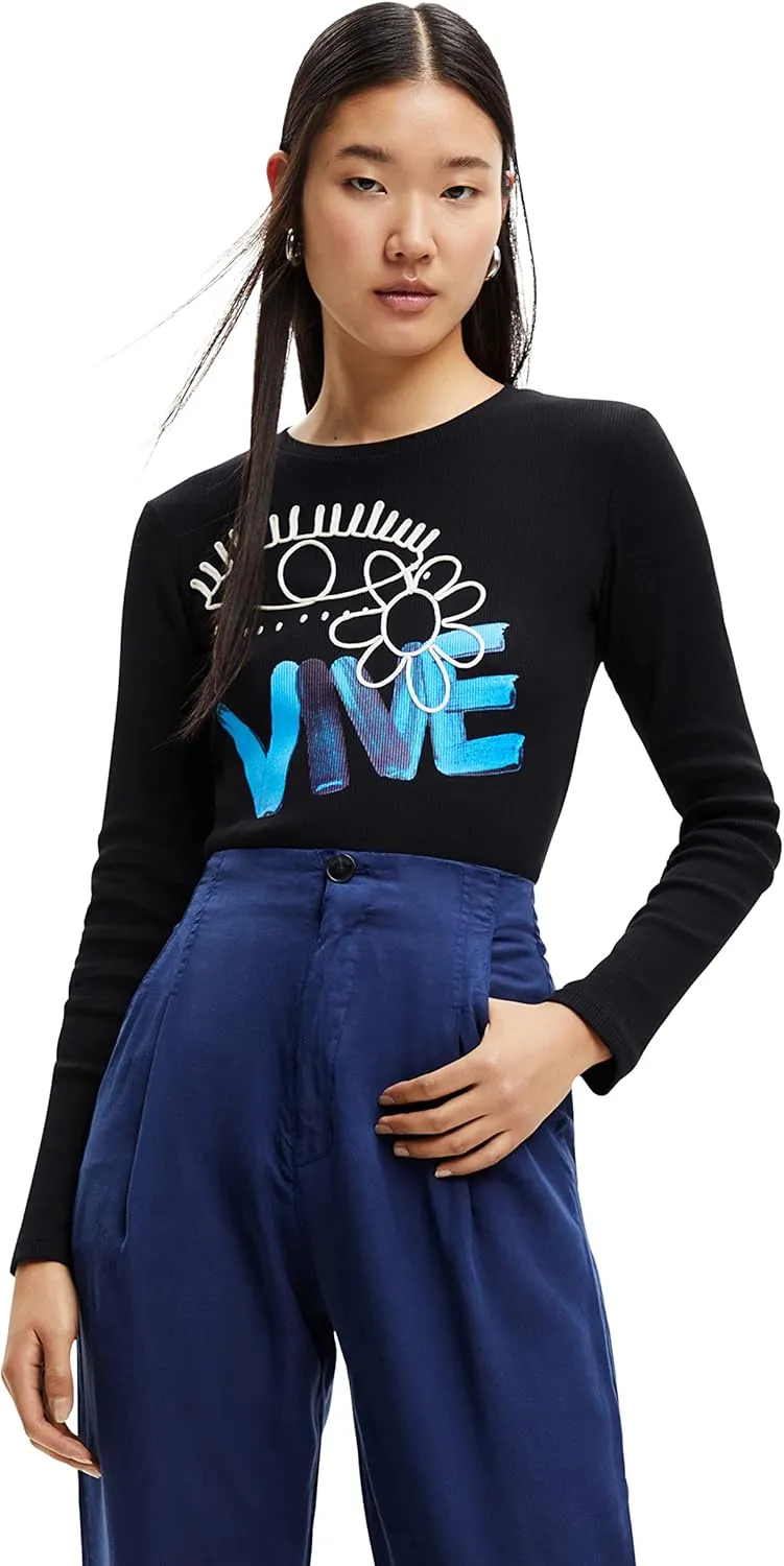 Desigual Damen Langarmshirt - Schwarzes Shirt mit blauem VIVE-Print 22WWTKA52000 GR. M