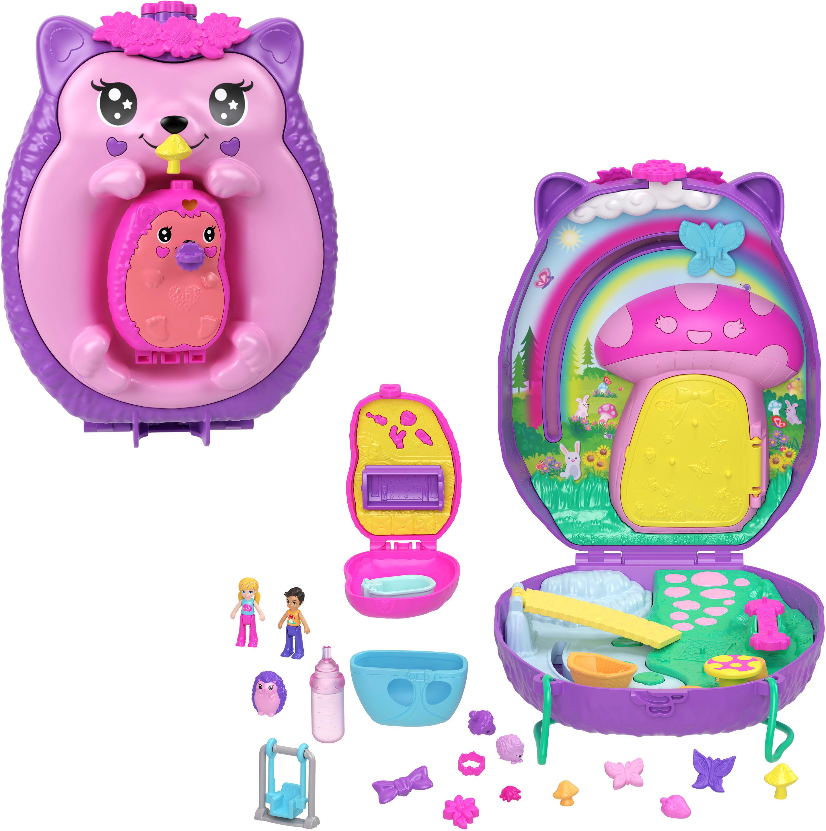 Polly Pocket Mama & Baby Igel Handtaschen-Spielset mit 2 Puppen & 16 Accessoires inklusive Haustieren Spielzeug, Drinnen, Person