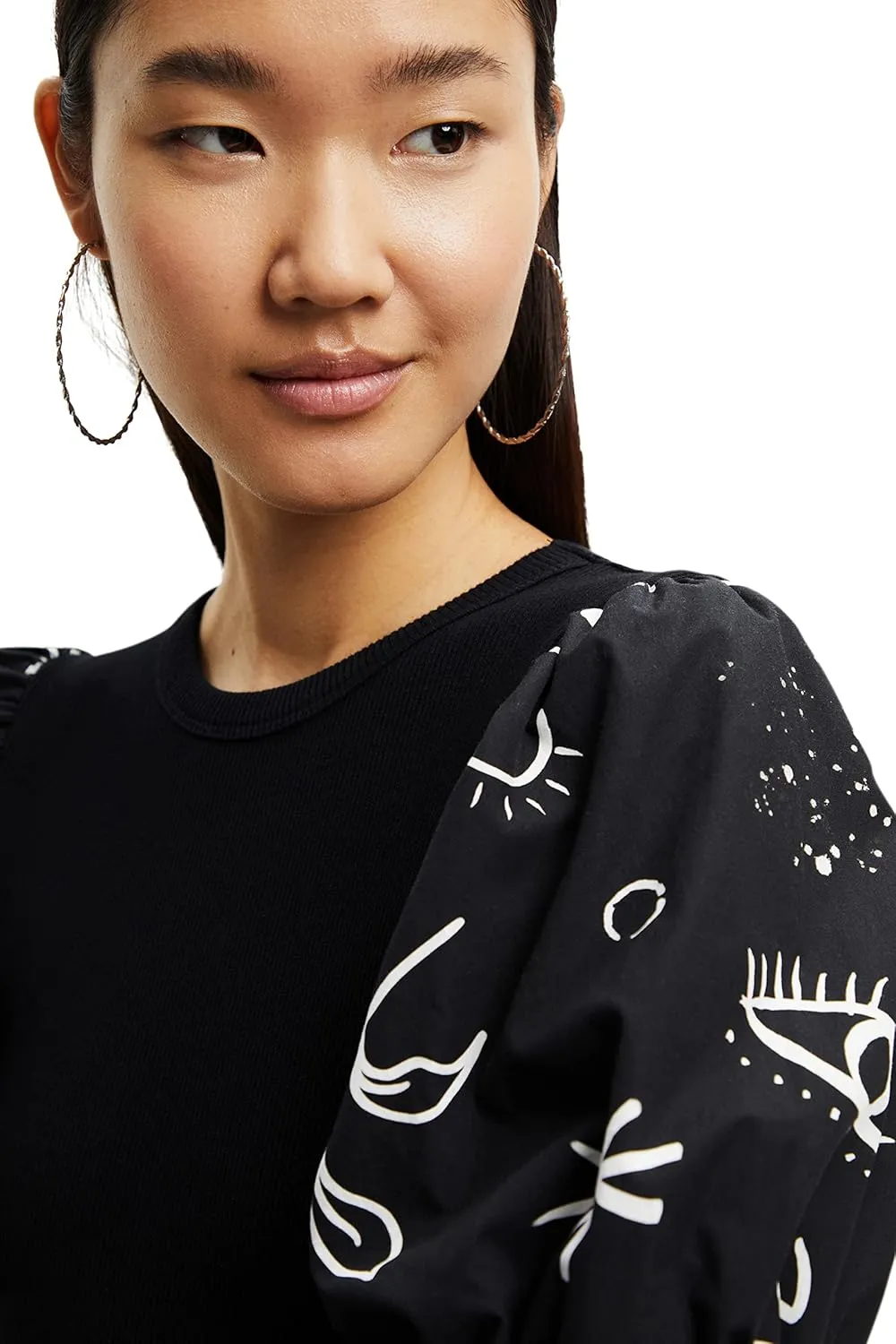 Desigual Damen Kleid - Schwarzes Kleid mit Puffärmeln und Kontrastprint 22WWVK712000 GR. L